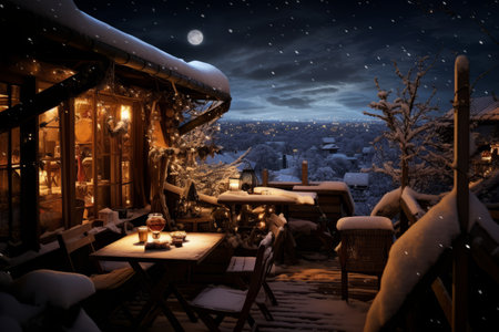 The Serene Beauty of a Snow-Covered Rooftop Silhouette on a Starlit Christmas Eveの素材