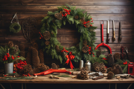 Crafting essentials for making a homemade Christmas wreath displayed on an old wooden tableの素材