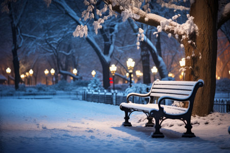 A serene winter scene featuring a snow-covered bench in a park illuminated by the soft glow of Christmas lightsの素材