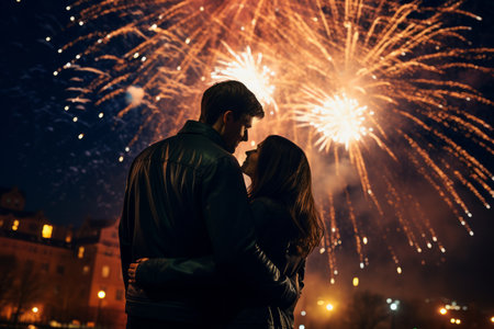A romantic couple sharing a special moment under the New Year's Eve fireworks displayの素材