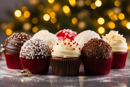 An array of colorful cupcakes adorned with festive decorations ready for the New Year's Eve partyの素材