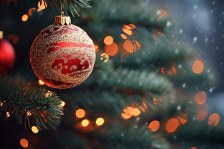Macro Shot of a Shimmering Tinsel Strand on a Festive Christmas Treeの素材