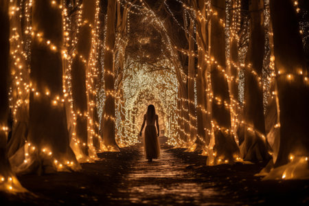 Enchanting Christmas Scene with Countless Fairy Lights Sparkling in the Darkの素材
