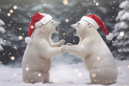 Festive polar bears sporting Santa hats and enjoying a snowy Christmas Eve in the Arcticの素材