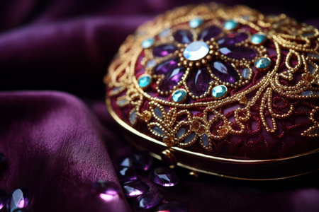 The rich texture of a burgundy velvet party pouch illuminated by the festive lights of a New Year's Eve celebrationの素材