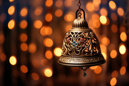 Detailed view of a beautifully crafted handle of a New Year's Eve bell under twinkling holiday lightsの素材