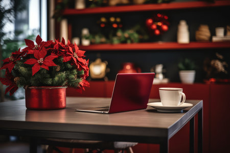 Festive Home Office Setup with a Beautiful Poinsettia Plant Brightening up the Deskの素材