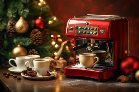 Holiday cheer in the kitchen with a coffee machine and a cup adorned with a Christmas sleeveの素材