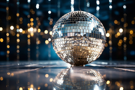 The captivating allure of a mirror ball's shiny surface reflecting lively lights during a New Year's celebrationの素材