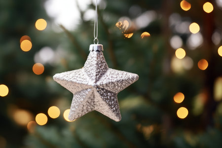 A close-up shot of a shiny silver star ornament adorning a brightly lit Christmas treeの素材