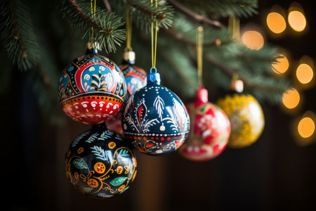 A Christmas Tree Decorated with Handmade Wooden Ornaments Reflecting Various World Culturesの素材