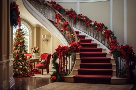 A charming Christmas scene featuring a decorated staircase with holiday stockings and colorful ribbonsの素材
