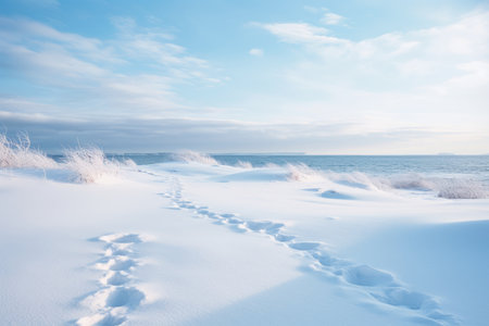 A Christmas Journey: Traces of Footsteps in the Snow Guiding Towards a Cozy Homeの素材