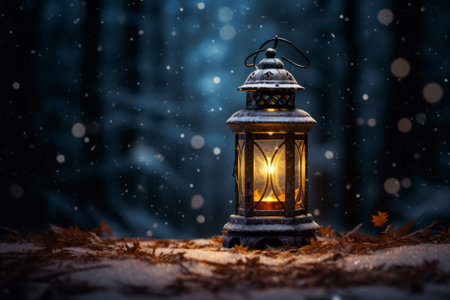 Festive Winter Scene with a Bright Lantern Casting a Warm Glow on the Pristine Snowの素材