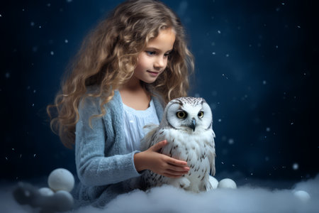 Magical Winter Wonderland: A Curly-Haired Child Poses with a Snowy Owl Prop in a Christmas Studioの素材