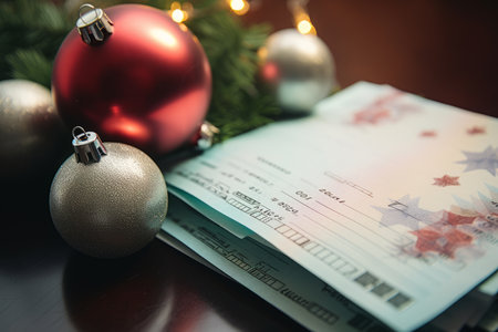 Close-Up Shot of a Holiday Invoice Adorned with Christmas Elements like Santa Stamp and Festive Ribbonsの素材