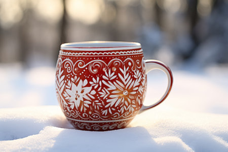 Detail shot of a beautifully crafted ceramic mug adorned with festive New Year's designsの素材