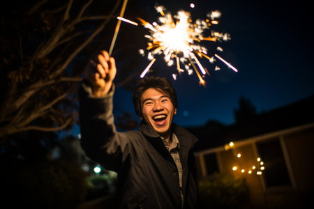 A cheerful man lighting up handheld fireworks in his home garden to welcome the New Yearの素材