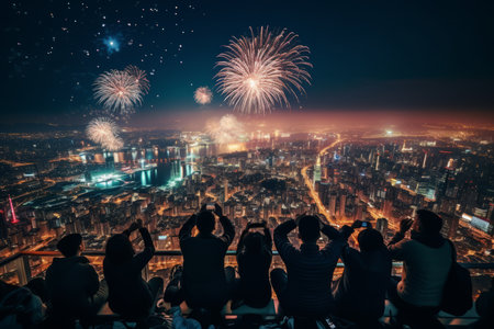 City Dwellers Gathered on Rooftops to Witness the Majestic Fireworks Display on New Year's Eveの素材