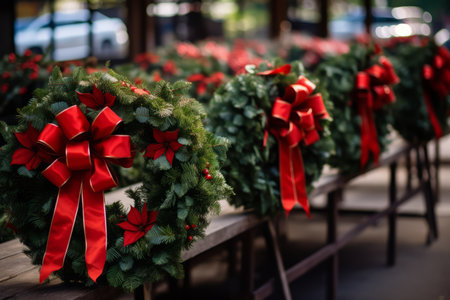 Festive and colorful homemade wreaths adding charm to a local Christmas marketの素材