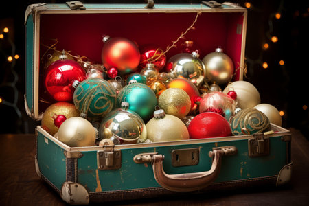 Old Ornaments in a Box Sparkle Under the Warm Glow of Christmas Lightsの素材
