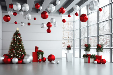 Cheerful Holiday Atmosphere in an Office Foyer with a Brightly Colored Christmas Bannerの素材