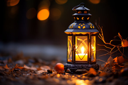 Symbolizing hope for the coming year with a warmly lit lantern on a frosty New Year's Eveの素材