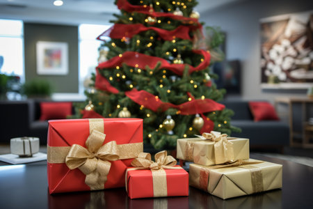 Festive Office Scene with Client Gifts Carefully Placed Under a Dazzling Christmas Treeの素材