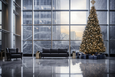 An Impressive Christmas Tree Bringing Festive Spirit to a Contemporary Office Building Lobbyの素材