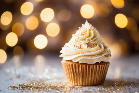 An intricately designed New Year's themed cupcake featuring sparkling icing and tiny edible starsの素材