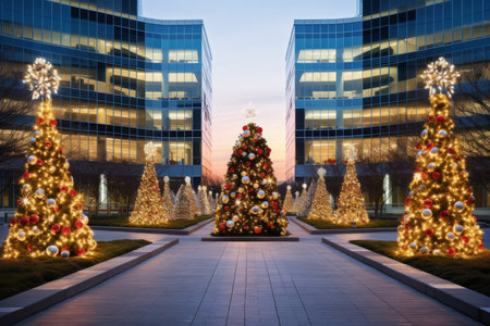 Festive Holiday Decorations Illuminating an Office Park with Christmas Cheerの素材