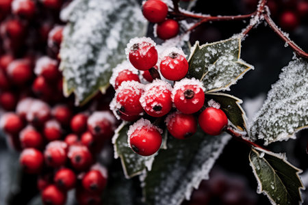 Capturing the spirit of Christmas with a detailed close-up of a pinecone lightly dusted with snow nestled in holly leavesの素材