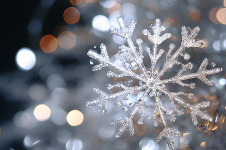 A detailed view of a decorative snowflake's crystal patterns reflecting the joy and sparkle of the New Yearの素材