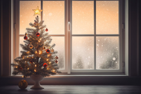 The Cozy Atmosphere of Winter Dawn Highlighting the Silhouette of a Christmas Tree Against Frosted Glassの素材