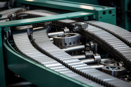 Abstract macro image of a conveyor belt system with intricate details and patterns of moving gears and metal plates in motionの素材
