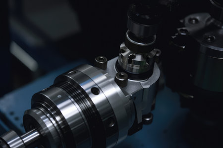 A macro shot of a CNC machine's spindle and tool holder, showcasing the precision and accuracy of this critical componentの素材