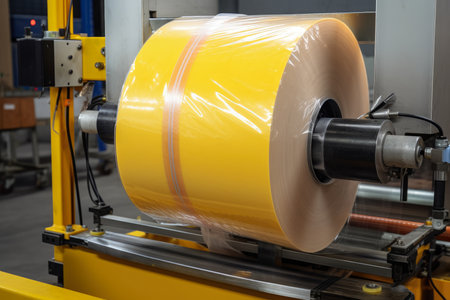 Close-up of a Stretch Wrapping Machine's Tension Control System in Actionの素材