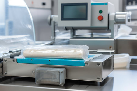 Precision-focused view of vacuum packaging machine at work, sealing food with air-tight technologyの素材