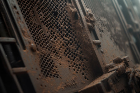 Macro shot of a Separator's filter screen, covered in dust and debris, revealing intricate patterns and texturesの素材