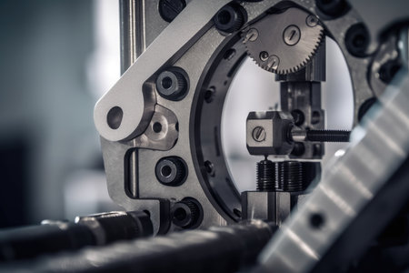 A macro shot of a fatigue testing machine's specimen gripping mechanism, showing its rugged design and powerful grip.の素材