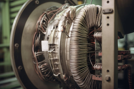 Close-up of a thermocouple wire attached to a gas turbine engine in a power plantの素材