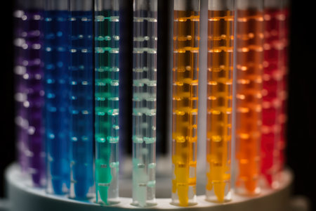 A detailed macro shot of a chromatography column packed with a rainbow of colored beads, used for separating chemical compoundsの素材