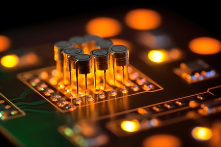 Close-up of electronic diodes on a printed circuit board, with a glowing LED in the centerの素材