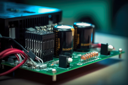 Close-up of a voltage regulator with glowing LED lights and circuit board in the backgroundの素材