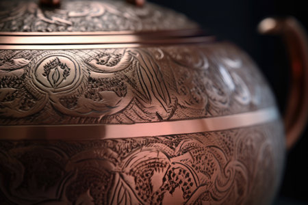 Close-up of a copper kettle with intricate patterns and designs etched into the metalの素材