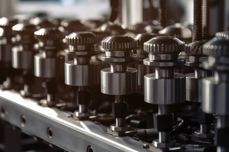 A close-up of bottling equipment gears and cogs in motion, revealing the complexity of the machinery that makes bottling possibleの素材