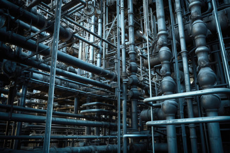 Abstract macro image of distillation columns in an oil refinery, emphasizing the intricate patterns of pipes and valvesの素材