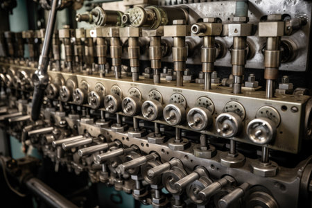 Macro image of a fatigue testing machine's hydraulic system, revealing the intricate network of pipes and valves that regulate the machine's operation.の素材
