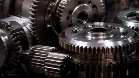Close-up of a gearbox with gears meshing together in perfect synchronizationの素材