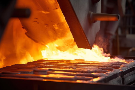 Close-up of a high-temperature furnace igniting flames to melt metal alloys for castingの素材